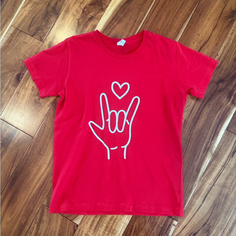 Red Kids Shirt with Heart and Hand Design